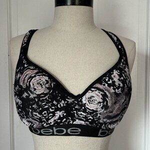BEBE SPORT Black Floral Underwire Padded Push-Up Bra Size L